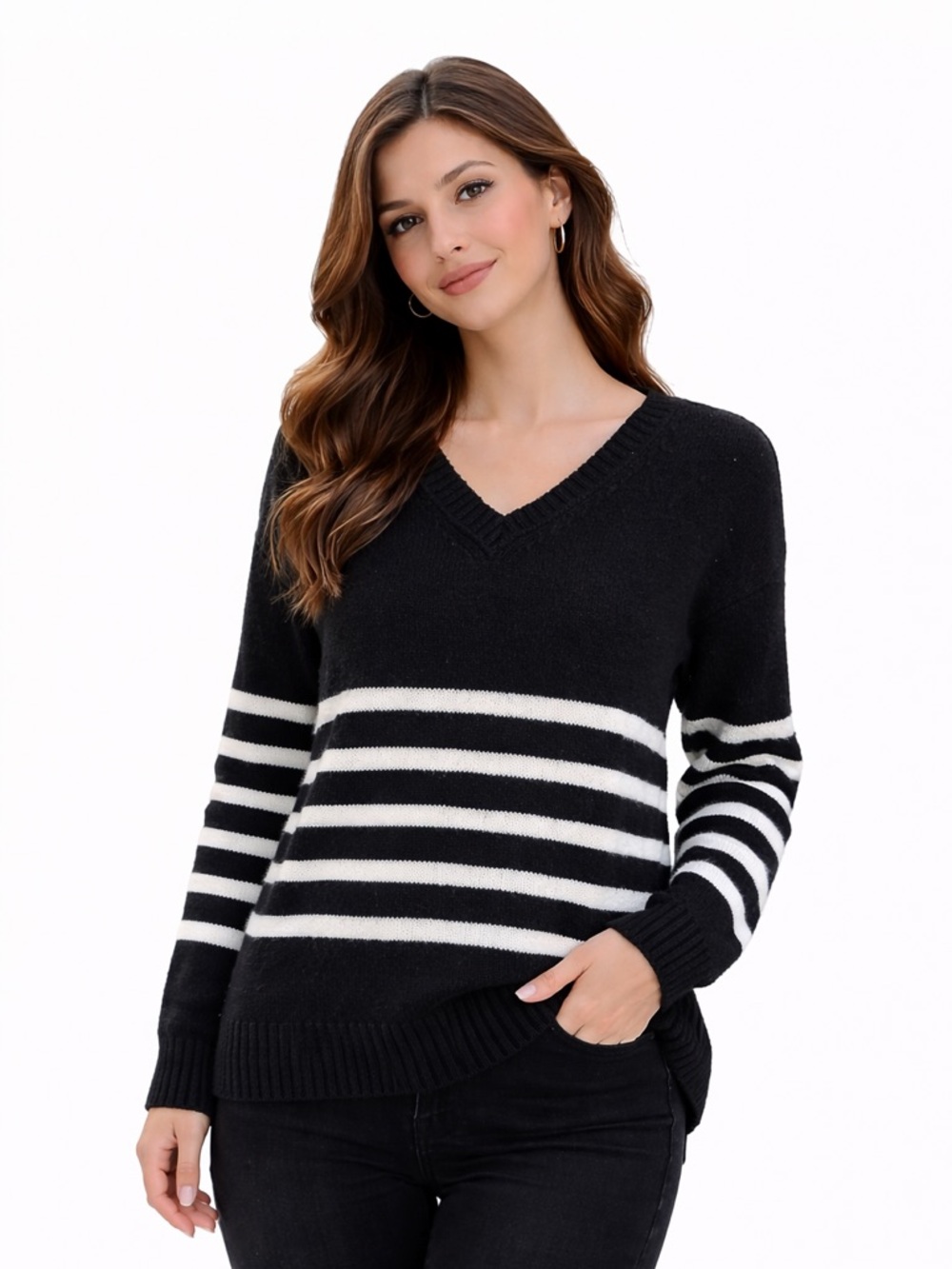Maurices V-Neck Black and White Striped Sweater